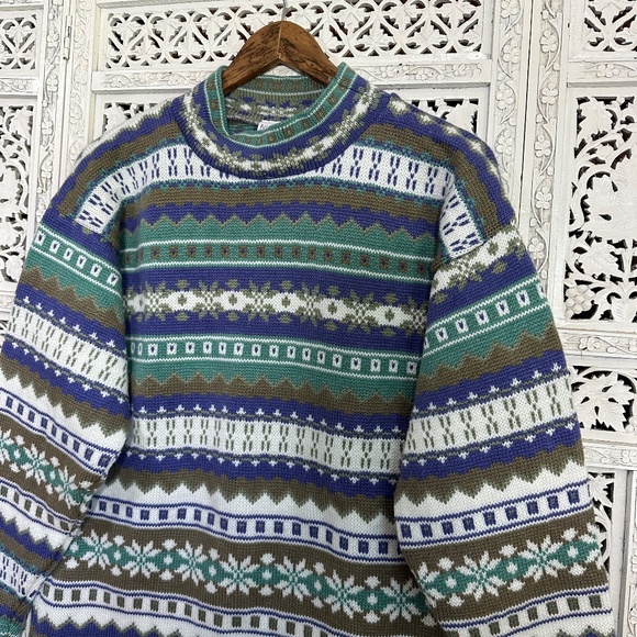 Vintage Blue & Green Nordic Fair Isle Mockneck Grannycore Sweater Sz Medium - Picture 5 of 8